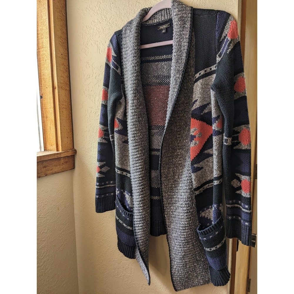 Lucky Brand Womens Southwestern Geometric Open Cardigan Sweater Navy Grey L